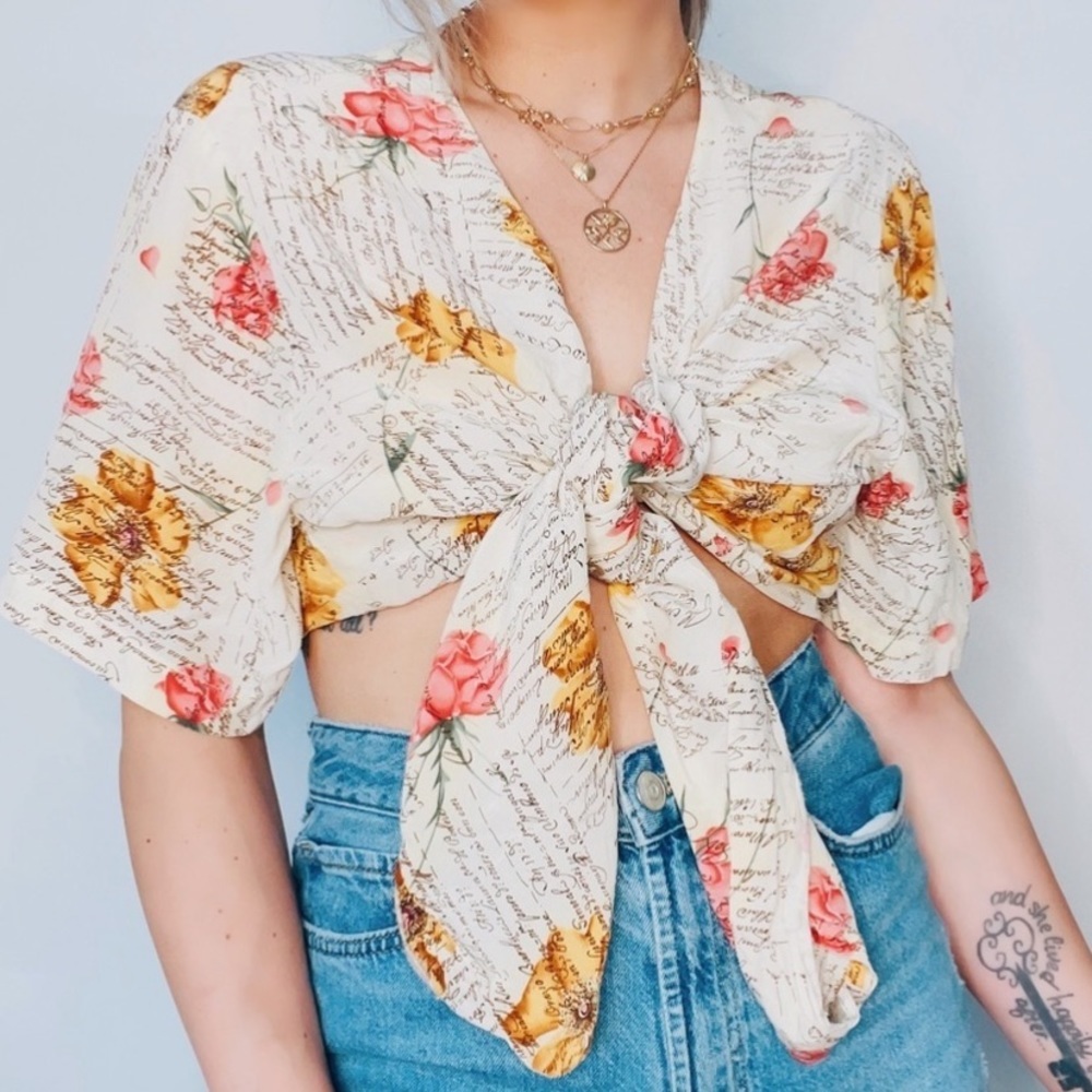 Vintage Floral Tie-Front Blouse - Cream, Red, Yellow